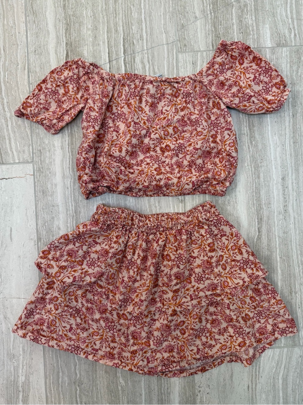 Old Navy Pink Floral Puff-Sleeve Crop Top & Skirt Set